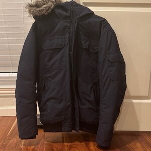 The North Face Men's Dark Blue Puffer Jacket with Fur Trim